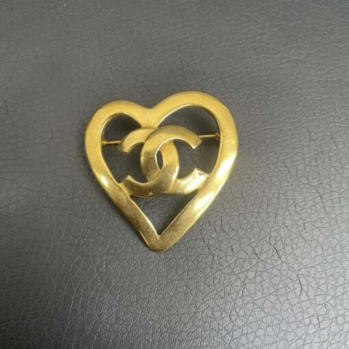 Chanel - Gold Plated Heart Brooch With CC Logo
